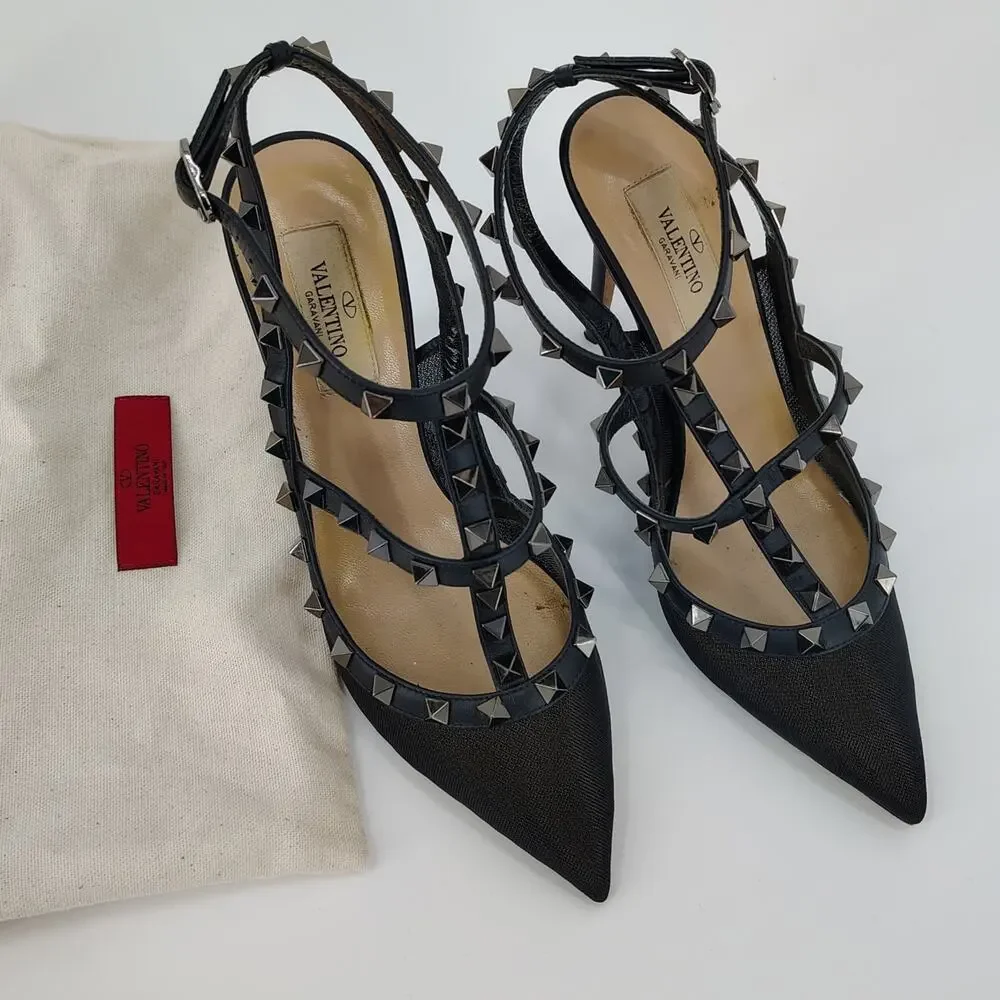 Valentino Garavani Mesh Rockstud Cage T-Strap Pumps Black Size 38 Italy